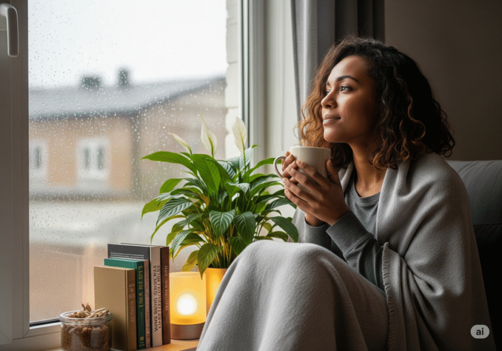 Mulher com expressão tranquila segura uma caneca e olha pela janela em um dia nublado. O ambiente interno tem luz suave, planta, livros e manta. A imagem representa equilíbrio emocional e rotina adaptada ao clima.
