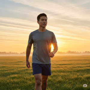 Homem caminhando em um campo ao amanhecer, com expressão de confiança e motivação, simbolizando a superação da paralisia emocional.