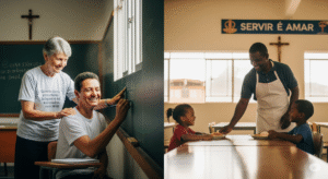 Voluntários cristãos alfabetizando adultos e servindo refeições com amor e fé transformadora. Exemplos de voluntariado cristão.