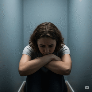 Mulher expressando frustração e confusão em um ambiente escuro, simbolizando o estado de paralisia emocional e bloqueio psicológico.
