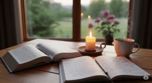 mesa com Bíblia aberta, caderno devocional e luz suave