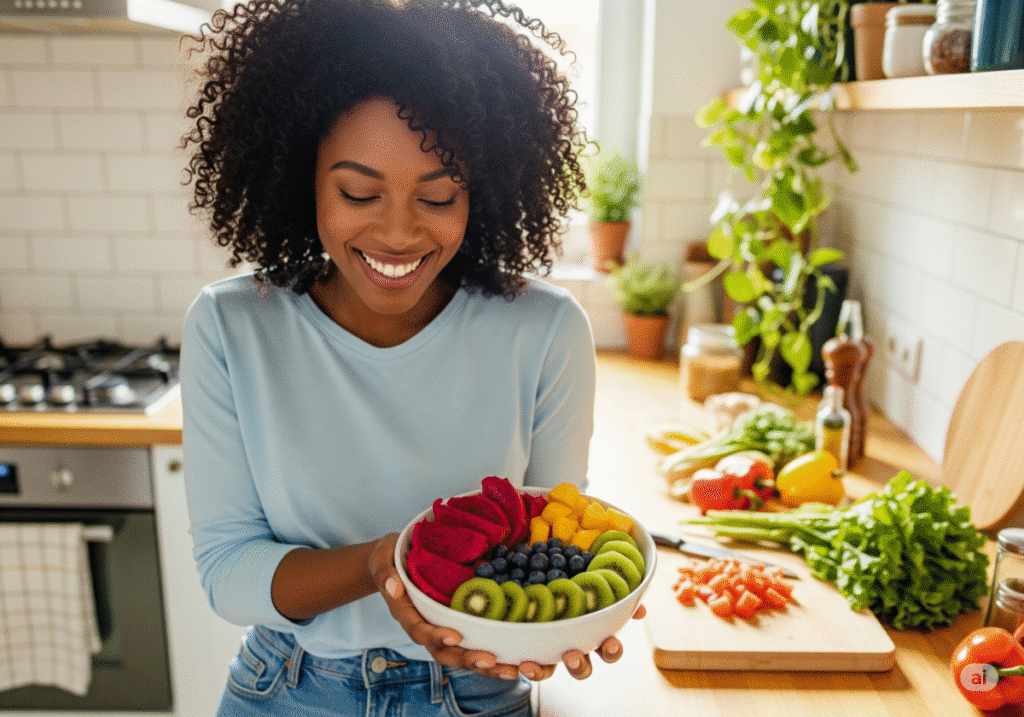 mulher segurando bowl de frutas representando alimentação visual-funcional em ambiente iluminado