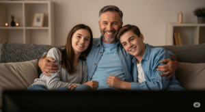 Padrasto e enteado sorrindo juntos no sofá, celebrando o amor escolhido no Dia dos Pais