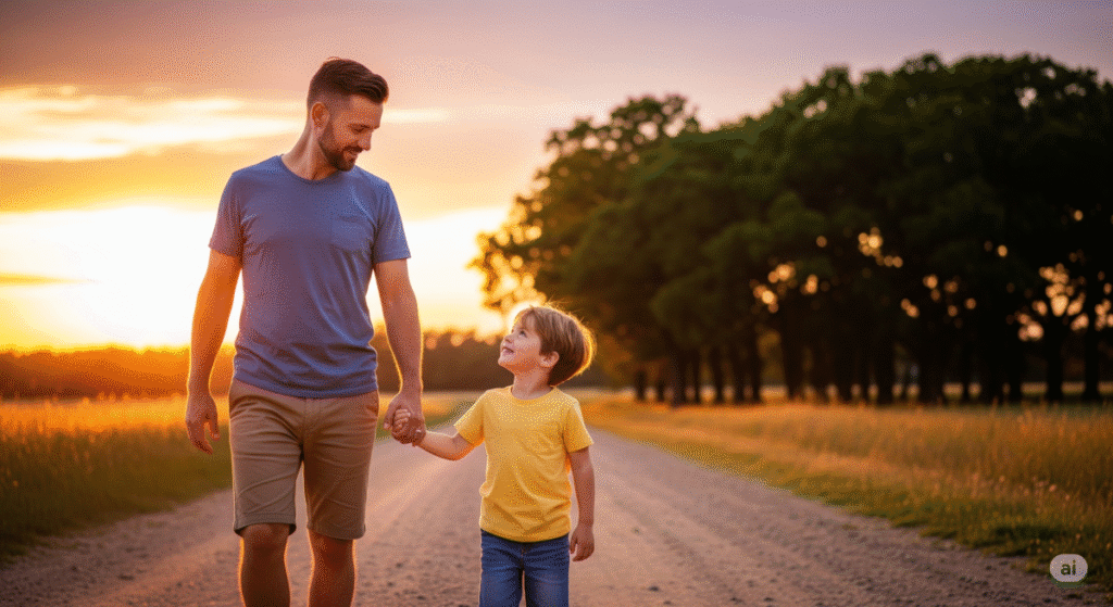Pai e filho caminhando juntos ao pôr do sol, simbolizando amor, presença e gratidão no Dia dos Pais