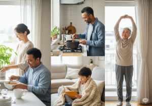Pessoas cuidando da casa e do corpo em harmonia com o clima, mostrando uma rotina de bem-estar mesmo em dias frios ou nublados. Imagem representa práticas reais ligadas ao clima e bem-estar.