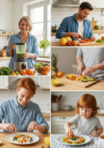 pessoas em casa praticando alimentação visual-funcional com cuidado e intenção