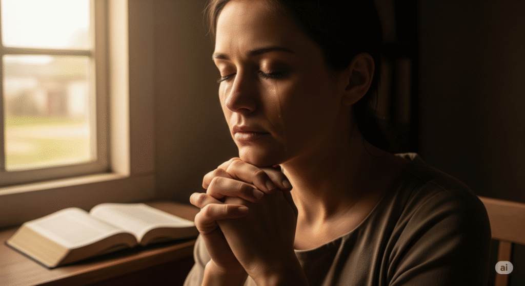 mulher orando com fé em meio à crise, Bíblia ao fundo