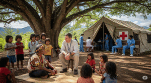 Missionário conversa com líder indígena em aldeia cristã