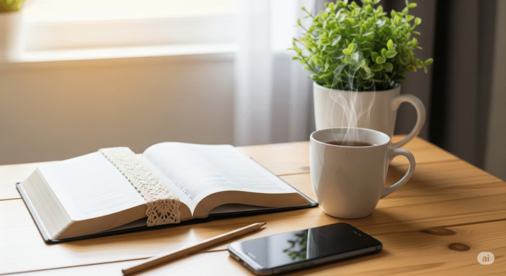 Mesa com Bíblia aberta, chá e celular virado para baixo durante jejum digital espiritual cristão