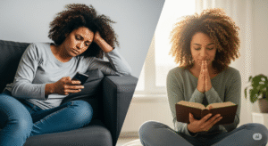 Transformação de mulher praticando jejum digital espiritual, largando o celular e reconectando com Deus
