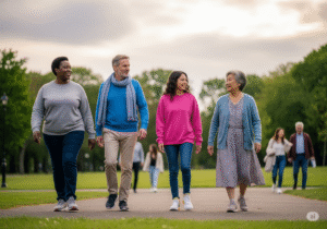 Pessoas de diferentes idades e etnias caminhando ao ar livre em um dia nublado, com sorrisos leves, vestindo roupas confortáveis. O clima está ameno, e há árvores verdes ao fundo. A imagem transmite serenidade, adaptação ao clima e conexão com o bem-estar físico e emocional.