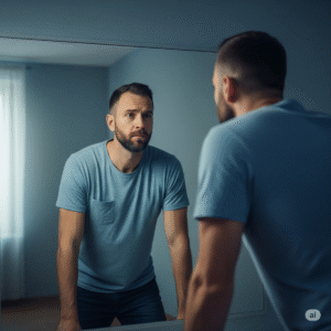 Homem olhando para o espelho, refletindo sobre seus bloqueios emocionais e buscando autoconhecimento para superar a paralisia emocional.