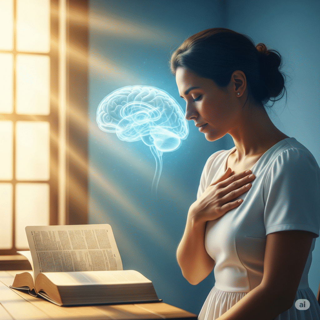 Mulher cristã em momento de renovação da mente com a Bíblia e luz suave.