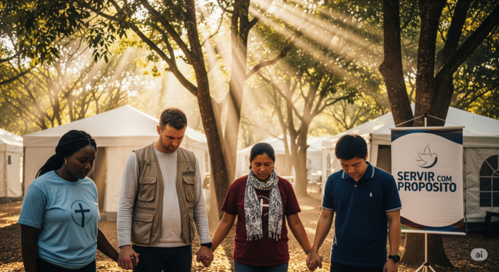 Voluntários cristãos diversos orando antes de ação missionária: instituições cristãs para voluntariado