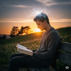 Um jovem cristão sentado em um banco de praça, com expressão de paz e contemplação, enquanto lê a Bíblia. Acima de sua cabeça, um leve efeito gráfico com conexões neurais brilhando discretamente, representando neuroplasticidade. Céu ao entardecer ao fundo, dando clima acolhedor e inspirador.
