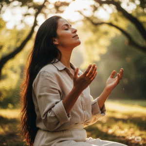 Mulher em oração ao ar livre, com as mãos levantadas e uma expressão serena, conectando-se com a fé para superar bloqueios emocionais.