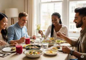 pessoas reunidas à mesa com pratos de alimentação visual-funcional em ambiente iluminado