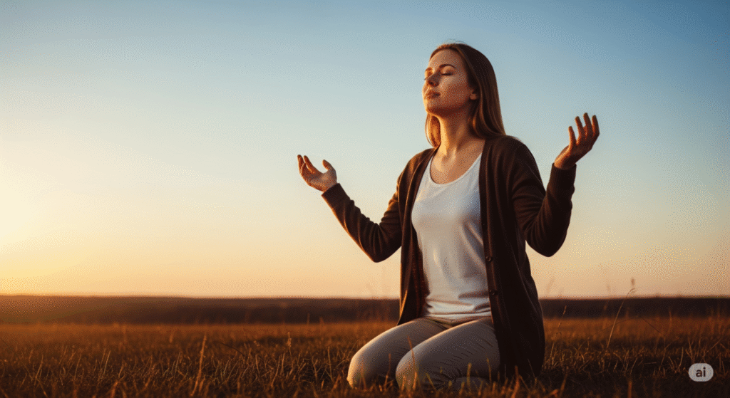 Mulher cristã orando ao pôr do sol, simbolizando o perdão emocional e a cura da alma