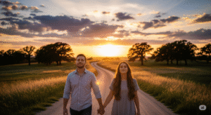 casal caminhando com fé e esperança ao pôr do sol