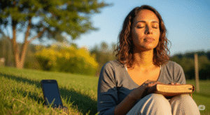 Mulher sentada no campo durante jejum digital espiritual com celular desligado e Bíblia no colo