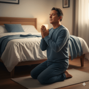 Homem em oração noturna, praticando autocuidado e motivação espiritual com fé.