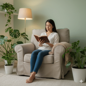 Mulher lendo a Bíblia em ambiente aconchegante, cultivando autocuidado e motivação espiritual.