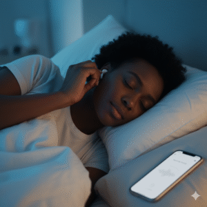 Mulher usando fones para ouvir sons relaxantes com aplicativo de sono inteligente.