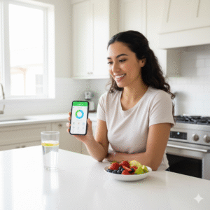 Círculo de alimentos saudáveis ao redor de tablet com app de nutrição integrada.
