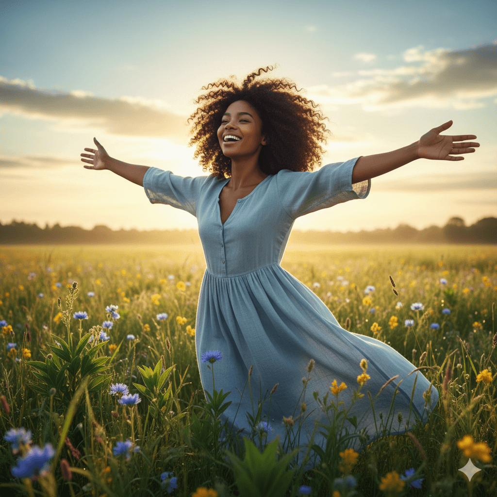 Mulher sorridente em campo ensolarado, braços abertos.