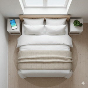 Sono inteligente: quarto minimalista visto de cima com celular exibindo gráfico de ciclos de sono.