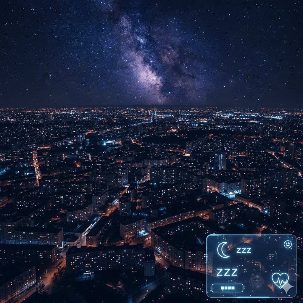 Sono inteligente: vista aérea de cidade à noite com ícones de app ilustrando monitoramento do sono e batimentos.
