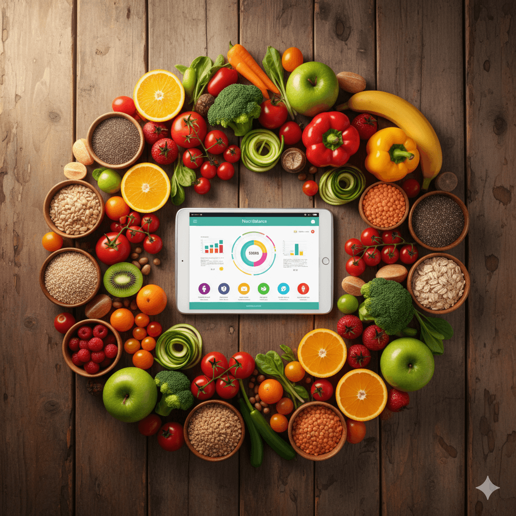 Círculo de alimentos saudáveis ao redor de tablet com app de nutrição integrada.