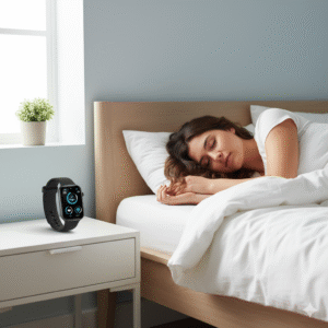 Mulher descansando com smartwatch ao lado da cama, representando sono inteligente com paz e equilíbrio.