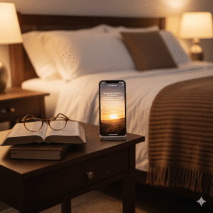 Bíblia aberta ao lado de celular com devocional, unindo fé e sono inteligente.