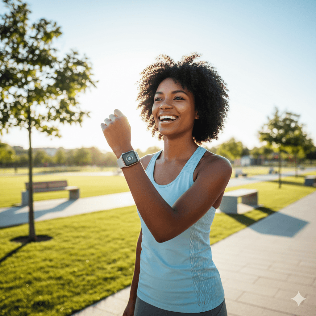 Mulher usando smartwatch em parque.