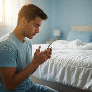 Homem usando tablet para monitorar saúde, praticando autocuidado digital de forma integrada.