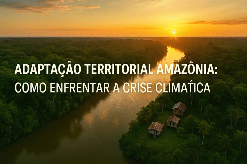 Vista aérea da floresta e comunidades ribeirinhas como símbolo de adaptação territorial Amazônia.