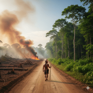 Estrada amazônica dividida entre desmatamento e floresta preservada, ilustrando desafios do Global Mutirão COP30.