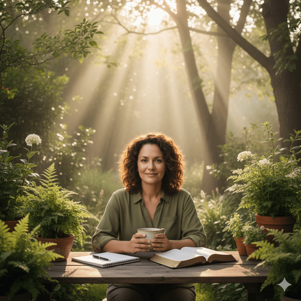 Mulher cristã praticando autocuidado e motivação ao amanhecer, com Bíblia e caderno de propósito em um jardim iluminado.
