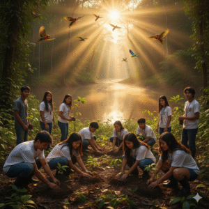 Jovens indígenas e ribeirinhos plantando mudas de árvores sob a luz dourada do amanhecer na floresta amazônica, representando esperança e adaptação territorial.