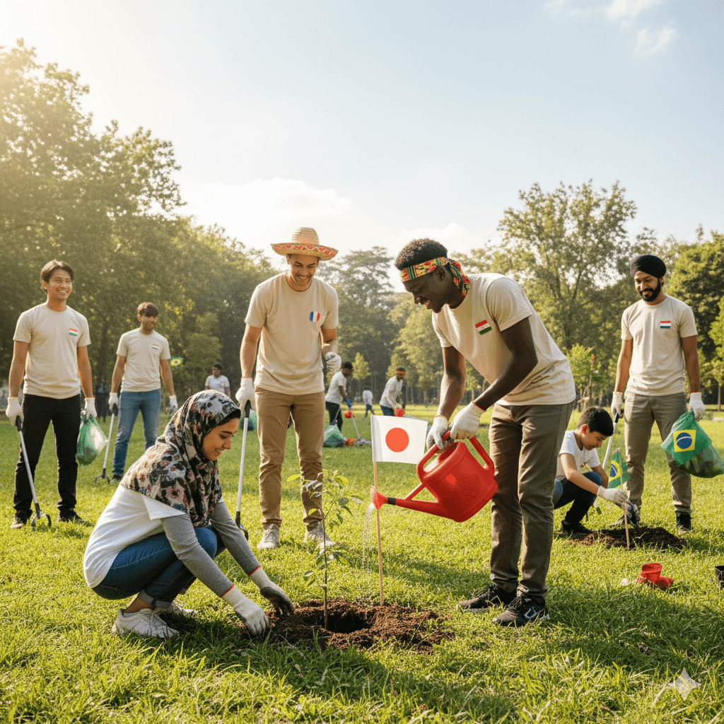 Pessoas de várias nacionalidades e etnias trabalhando juntas em um mutirão ecológico, simbolizando a união global pela preservação do meio ambiente.