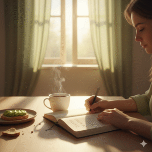 mulher escrevendo em diário de gratidão ao amanhecer, praticando gratidão nas adversidades