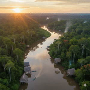 Vista aérea da floresta e comunidades ribeirinhas como símbolo de adaptação territorial Amazônia.