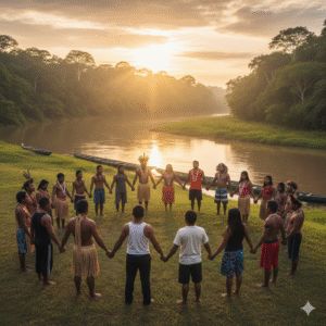Comunidade cristã amazônica em oração coletiva ao pôr do sol, representando fé no Global Mutirão COP30.
