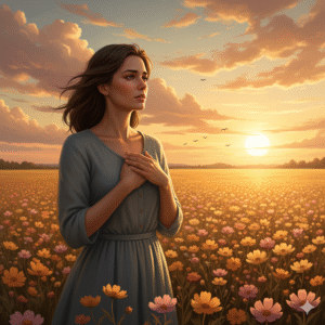 mulher cristã expressando gratidão nas adversidades ao pôr do sol, representando fé e esperança