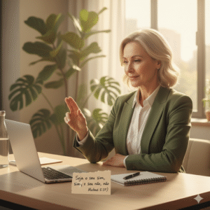 Mulher cristã no trabalho praticando limites saudáveis, gesticulando com serenidade e versículo bíblico ao fundo. Auto cuidado Cristão