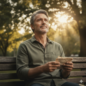 homem em reflexão ao ar livre expressando fé e gratidão nas adversidades