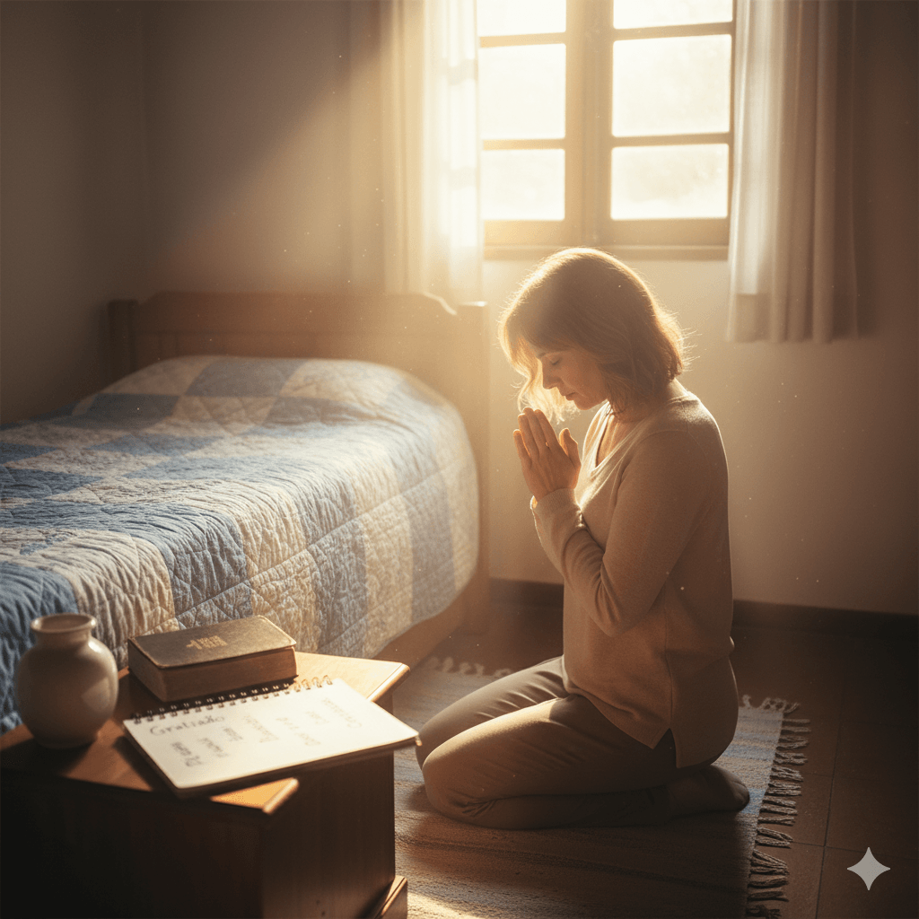 mulher orando em casa com Bíblia aberta, cultivando gratidão nas adversidades com fé cristã