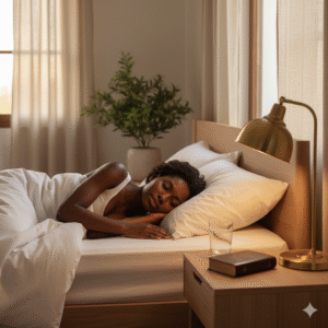 Quarto tranquilo com mulher cristã dormindo serenamente, Bíblia e luz suave representando o descanso espiritual.