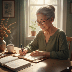 Mulher idosa cristã escrevendo em diário de gratidão com Bíblia aberta e flores secas sobre a mesa. Autocuidado Cristão com propósito.